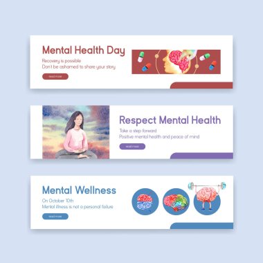 Sulu boya vektörü illüstrasyonunun reklam ve pazarlanması için dünya ruhsal sağlık günü konsepti tasarımı ile banner şablonu