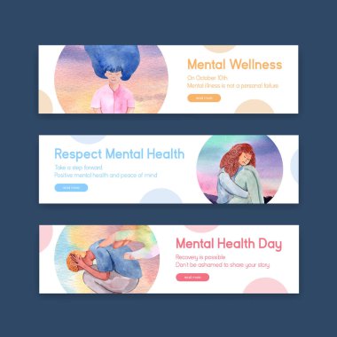 Sulu boya vektörü illüstrasyonunun reklam ve pazarlanması için dünya ruhsal sağlık günü konsepti tasarımı ile banner şablonu