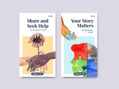 Sosyal medya ve online pazarlama suluboya vektör çizimi için dünya akıl sağlığı günü konsepti tasarımı ile Instagram şablonu