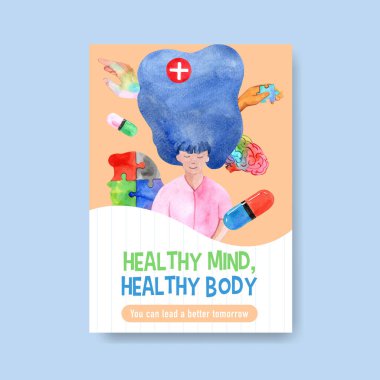 Broşür ve broşür ve broşür suluboya vektör çizimi için dünya akıl sağlığı günü konsepti tasarımı ile poster şablonu