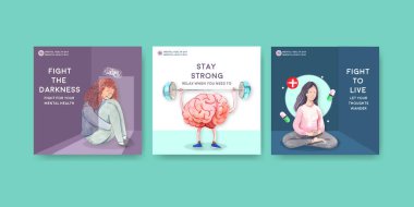 Dünya Ruh Sağlığı Günü konsepti ile suluboya vektör illüstrasyonunun pazarlanması için reklam şablonu