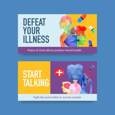 Sosyal medya ve çevrimiçi topluluk suluboya vektör illüstrasyonu için dünya akıl sağlığı günü konsepti tasarımı ile Twitter şablonu