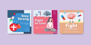 Dünya Ruh Sağlığı Günü konsepti ile suluboya vektör illüstrasyonunun pazarlanması için reklam şablonu