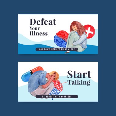 Sosyal medya ve çevrimiçi topluluk suluboya vektör illüstrasyonu için dünya akıl sağlığı günü konsepti tasarımı ile Twitter şablonu