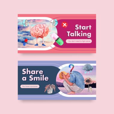 Sosyal medya ve çevrimiçi topluluk suluboya vektör illüstrasyonu için dünya akıl sağlığı günü konsepti tasarımı ile Twitter şablonu