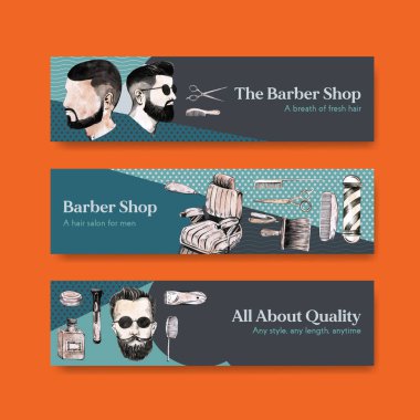 Suluboya vektör illüstrasyonunun reklamını yapmak için berber konsepti tasarımlı pankart şablonu