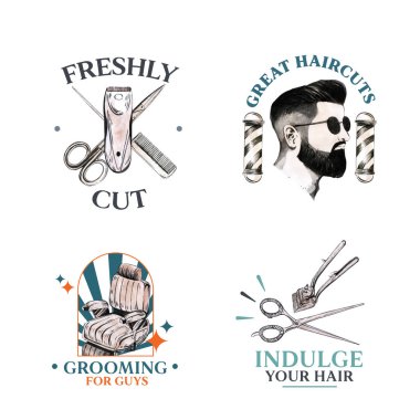 Markalaşma ve pazarlama suluboya vektör çizimi için berber konsepti tasarımlı logo