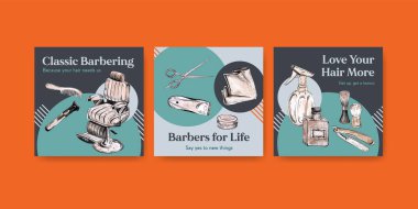 Suluboya vektör illüstrasyonunun reklam ve pazarlanması için berber konsepti tasarımlı ilanlar