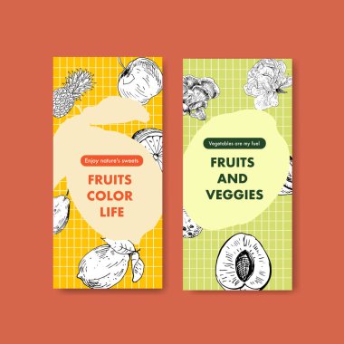 Broşür ve broşür ve suluboya vektör ilüstrasyonu için vegan gıda konsepti tasarımı içeren el ilanı şablonu