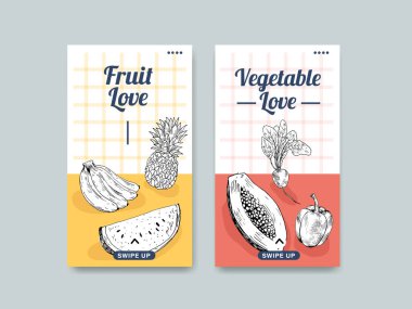 Sosyal medya ve online pazarlama suluboya vektör çizimi için vegan gıda konsepti tasarımı ile Instagram şablonu