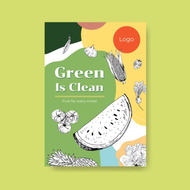 Broşür için vegan gıda konsepti tasarımı ve suluboya vektör illüstrasyonunun reklamını yapan poster şablonu