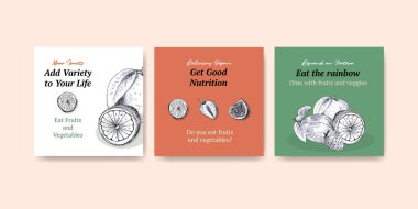 Suluboya vektör illüstrasyonunun pazarlanması için vegan gıda konsepti tasarımı ile reklam şablonu