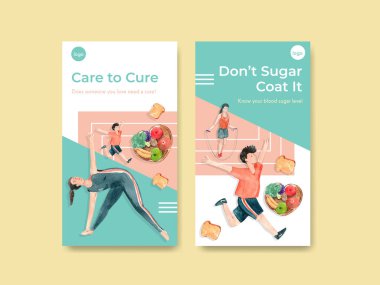 Sosyal medya ve çevrimiçi pazarlama suluboya vektör çizimi için dünya diyabet günü konsept tasarımı ile Instagram şablonu