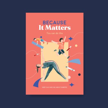 Reklamlar ve suluboya vektör illüstrasyonunun pazarlanması için dünya diyabet günü konsepti tasarımı ile poster şablonu