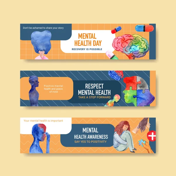 Sulu boya vektörü illüstrasyonunun reklam ve pazarlanması için dünya ruhsal sağlık günü konsepti tasarımı ile banner şablonu