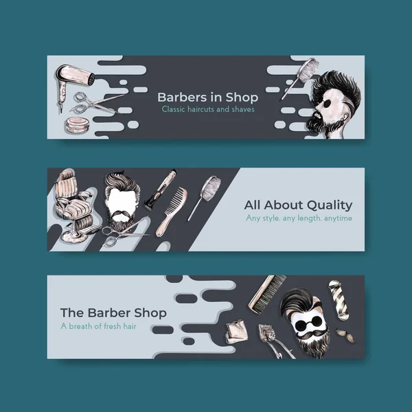 Banner Template Barber Concept Design Advertise Watercolor Vector Illustration — Stock Vector