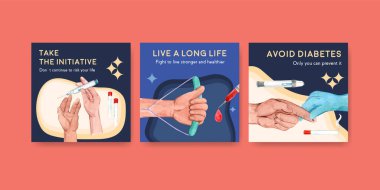 Suluboya vektör illüstrasyonunun pazarlanması için dünya diyabet günü konsepti tasarımlı ilanlar