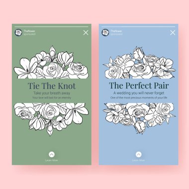 Sosyal medya vektörü illüstrasyonu için düğün töreni konsepti tasarımı ile Instagram şablonu