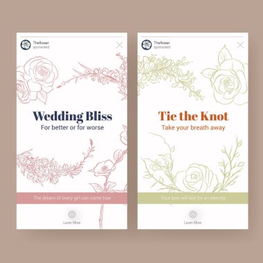 Sosyal medya vektörü illüstrasyonu için düğün töreni konsepti tasarımı ile Instagram şablonu