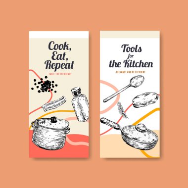 Broşür vektör illüstrasyonu için mutfak aletleri konsept tasarımı ile el ilanı şablonu