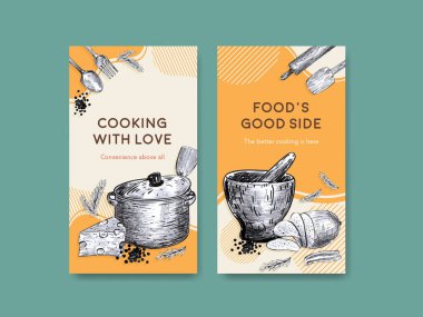 Sosyal medya vektör çizimi için mutfak aletleri konsept tasarımı ile Instagram şablonu