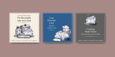 Vektör illüstrasyonunu tanıtmak için mutfak aletleri konsept tasarımı ile birlikte ilanlar şablonu