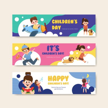 suluboya vektör illüstrasyonunun reklamını yapmak için çocuk günü konsepti tasarımlı pankart şablonu