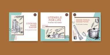 Vektör illüstrasyonunu tanıtmak için mutfak aletleri konsept tasarımı ile birlikte ilanlar şablonu