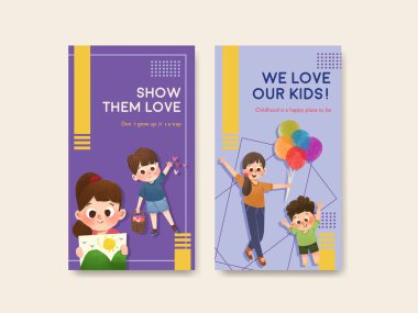 Sosyal medya ve internet suluboya vektör çizimi için çocuk günü konsepti tasarımı ile Instagram şablonu