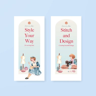 Broşür ve pazarlama suluboya vektör çizimi için dikiş konsepti tasarımlı el ilanı şablonu