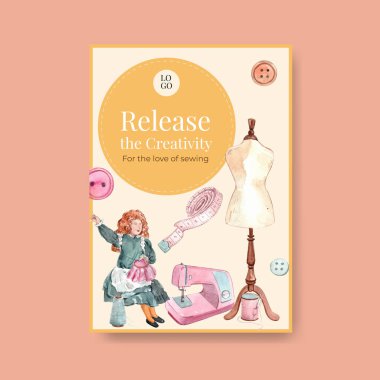 Reklam ve pazarlama suluboya vektör illüstrasyonu için dikiş konsepti tasarımlı poster şablonu