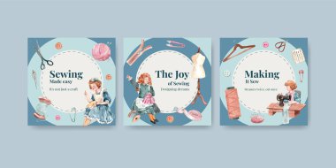 Pazarlama ve bilgi suluboya vektör illüstrasyonu için dikiş konsepti tasarımlı ilanlar