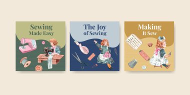 Pazarlama ve bilgi suluboya vektör illüstrasyonu için dikiş konsepti tasarımlı ilanlar