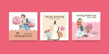 Pazarlama ve bilgi suluboya vektör illüstrasyonu için dikiş konsepti tasarımlı ilanlar