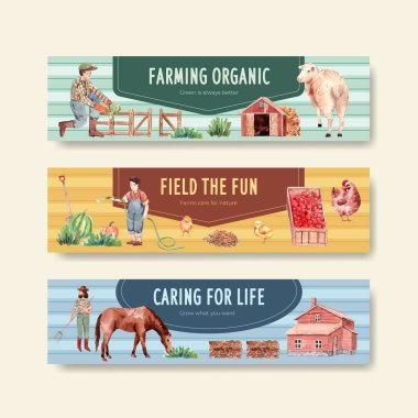 Reklam ve pazarlama suluboya vektörü illüstrasyonu için tarım organik konsept tasarımı ile banner şablonu