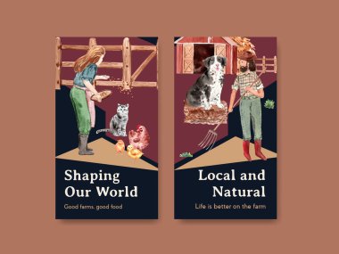 Çevrimiçi pazarlama ve sosyal medya suluboya vektör çizimi için tarım organik konsept tasarımı ile Instagram şablonu