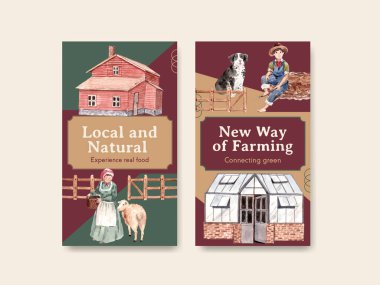 Çevrimiçi pazarlama ve sosyal medya suluboya vektör çizimi için tarım organik konsept tasarımı ile Instagram şablonu