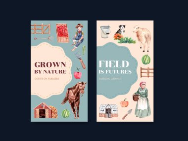 Çevrimiçi pazarlama ve sosyal medya suluboya vektör çizimi için tarım organik konsept tasarımı ile Instagram şablonu