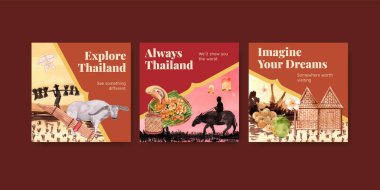 Pazarlama ve iş suluboya vektör çizimi için Tayland seyahat konsepti tasarımı ile reklam