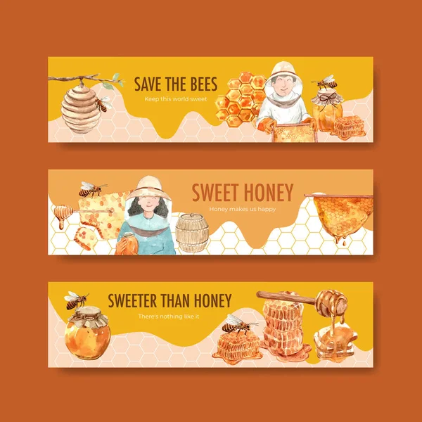 水彩ベクトルのイラスト比率を宣伝するための蜂蜜のコンセプトデザインのバナーテンプレート — ストックベクタ