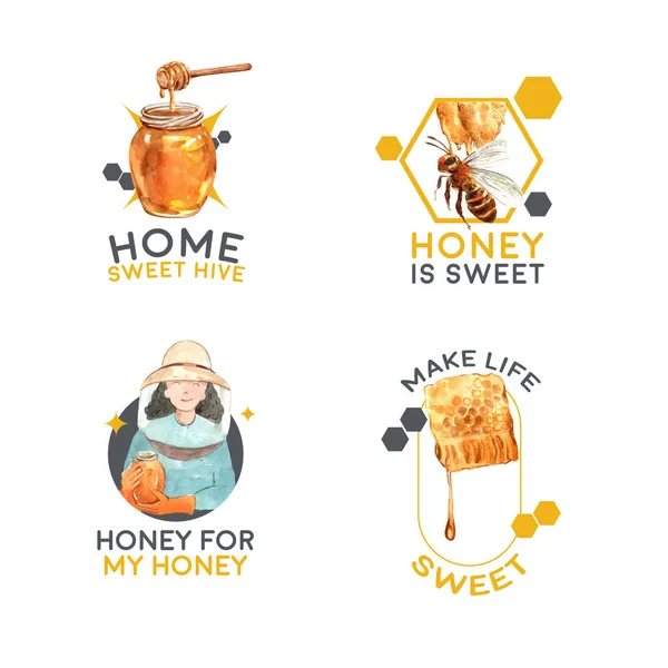 ブランドとマーケティングのための蜂蜜の概念設計とロゴ水彩ベクトルのイラスト比率 — ストックベクタ