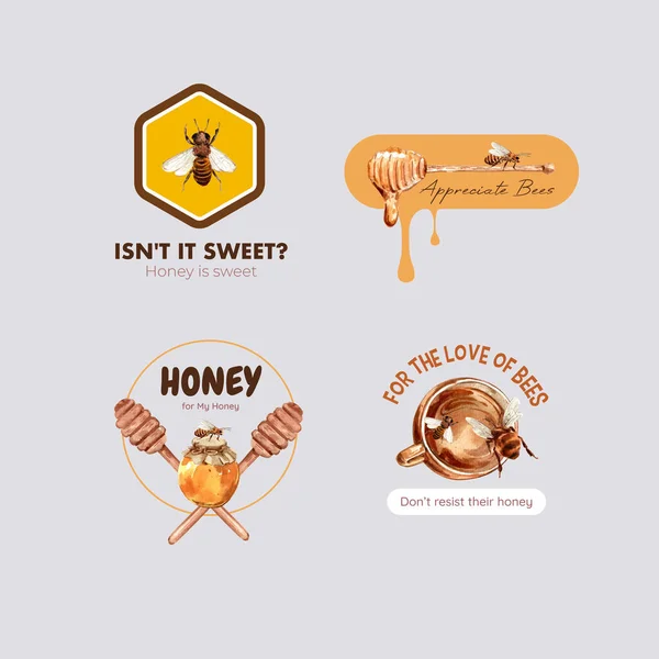 ブランドとマーケティングのための蜂蜜の概念設計とロゴ水彩ベクトルのイラスト比率 — ストックベクタ