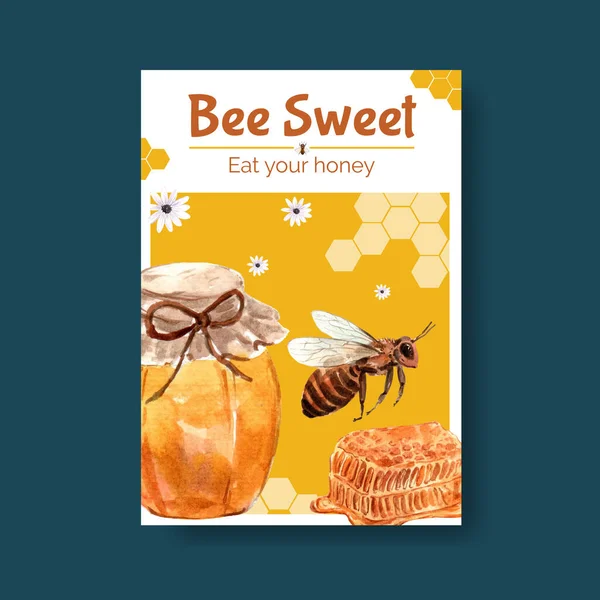 販売のための蜂蜜の概念設計とチラシの水彩ベクトルのイラスト比率とポスターテンプレート — ストックベクタ