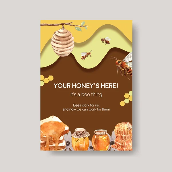 販売のための蜂蜜の概念設計とチラシの水彩ベクトルのイラスト比率とポスターテンプレート — ストックベクタ