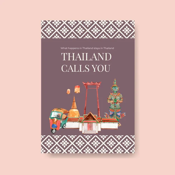 Poster Thailand Travel Concept Design Marketing Brochure Watercolor Vector Illustratio — Stock Vector