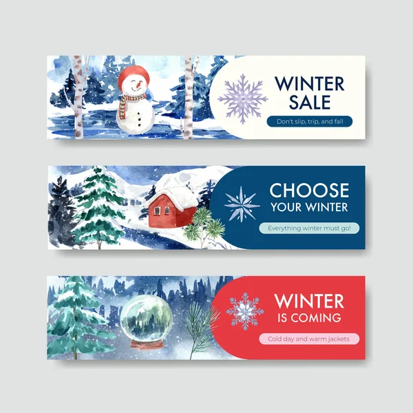 Bannertemplate Winter Sale Concept Design Advertise Marketing Watercolor Vector Illustratio — Stock Vector