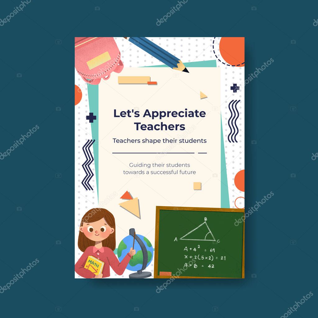 Poster template with teacher's day concept design for brochure and leaflet watercolor vector illustratio