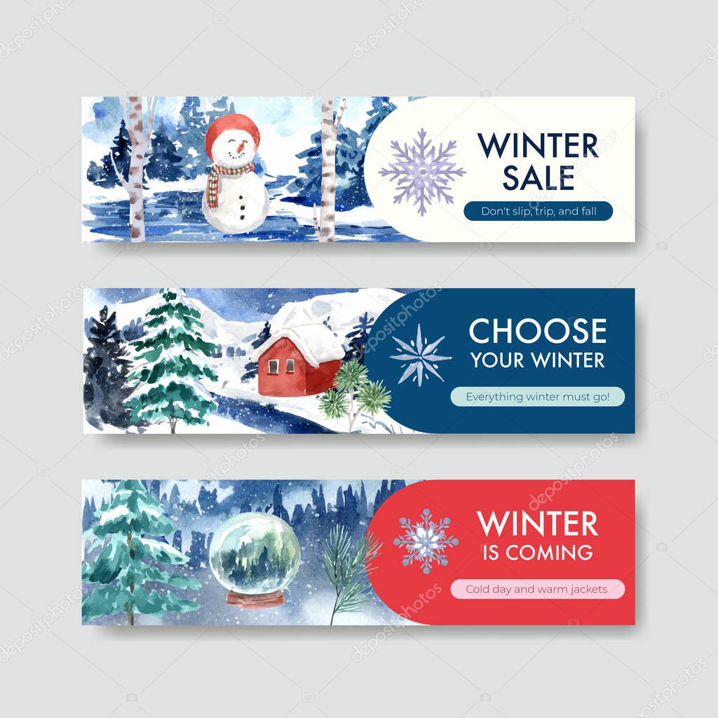 Bannertemplate with winter sale concept design for advertise and marketing watercolor vector illustratio