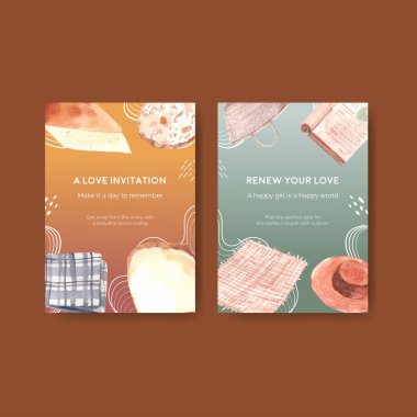 Parti için Avrupa piknik konsepti tasarımı ve suluboya vektör illüstrasyonuyla tanışma davetiye kartı şablonu