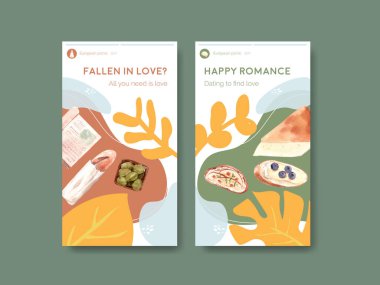 Sosyal medya suluboya vektör illüstrasyonu için Avrupa piknik konsepti tasarımı ile Instagram şablonu